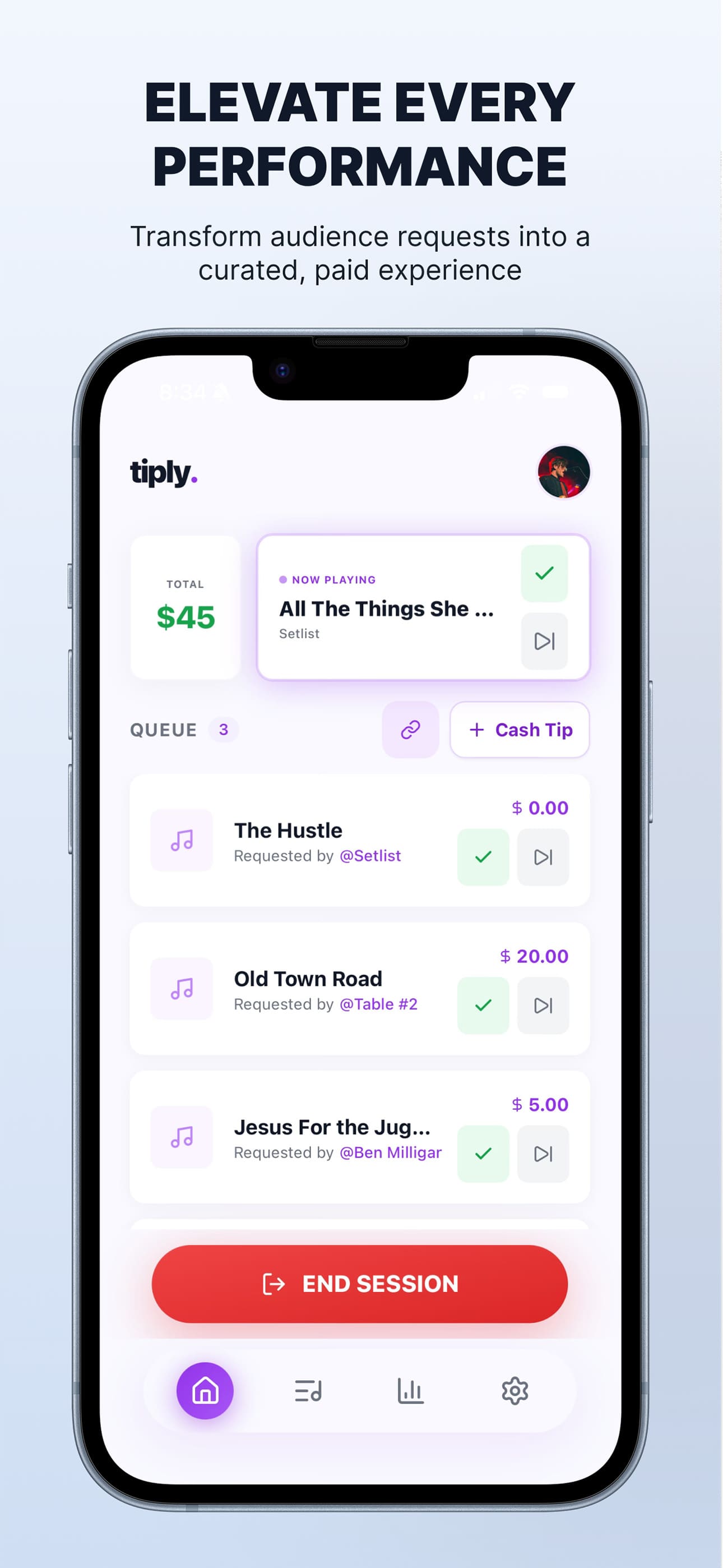 Tiply iOS app live queue — manage paid song requests and tips in real time during a live performance