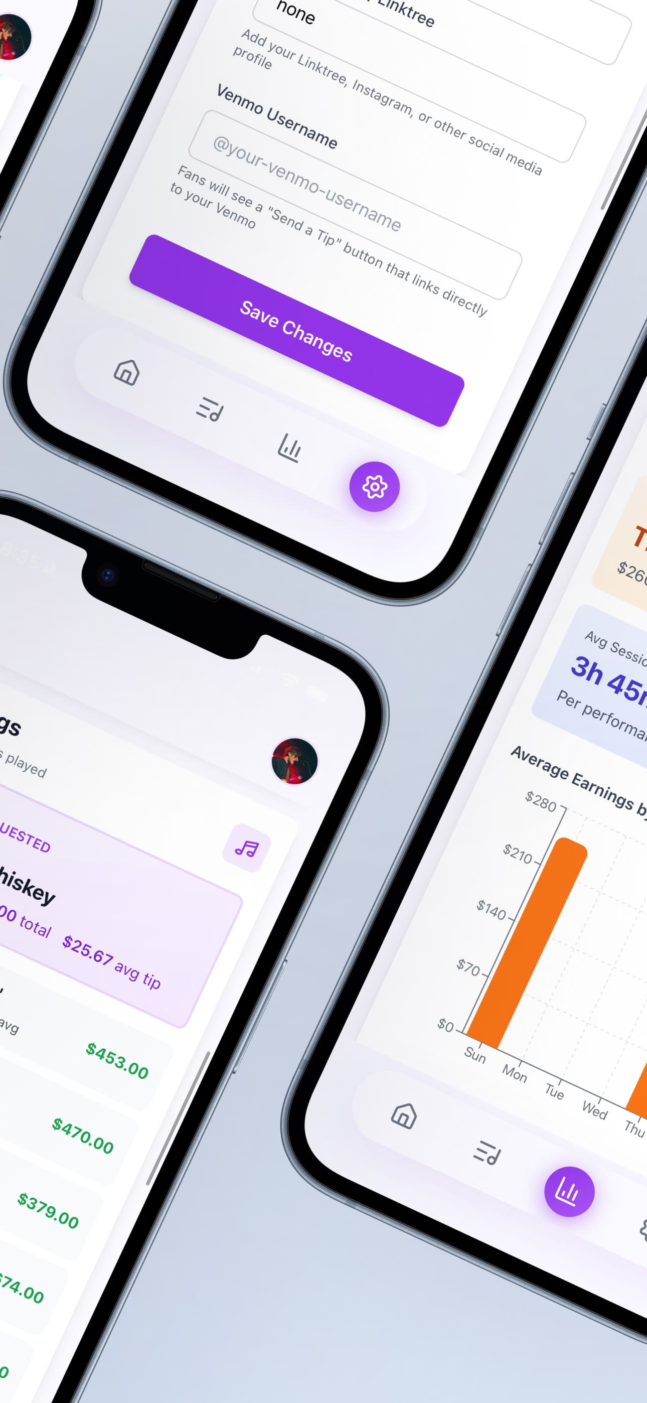 Tiply artist profile on iOS — connect Venmo for tips and view weekly performance stats