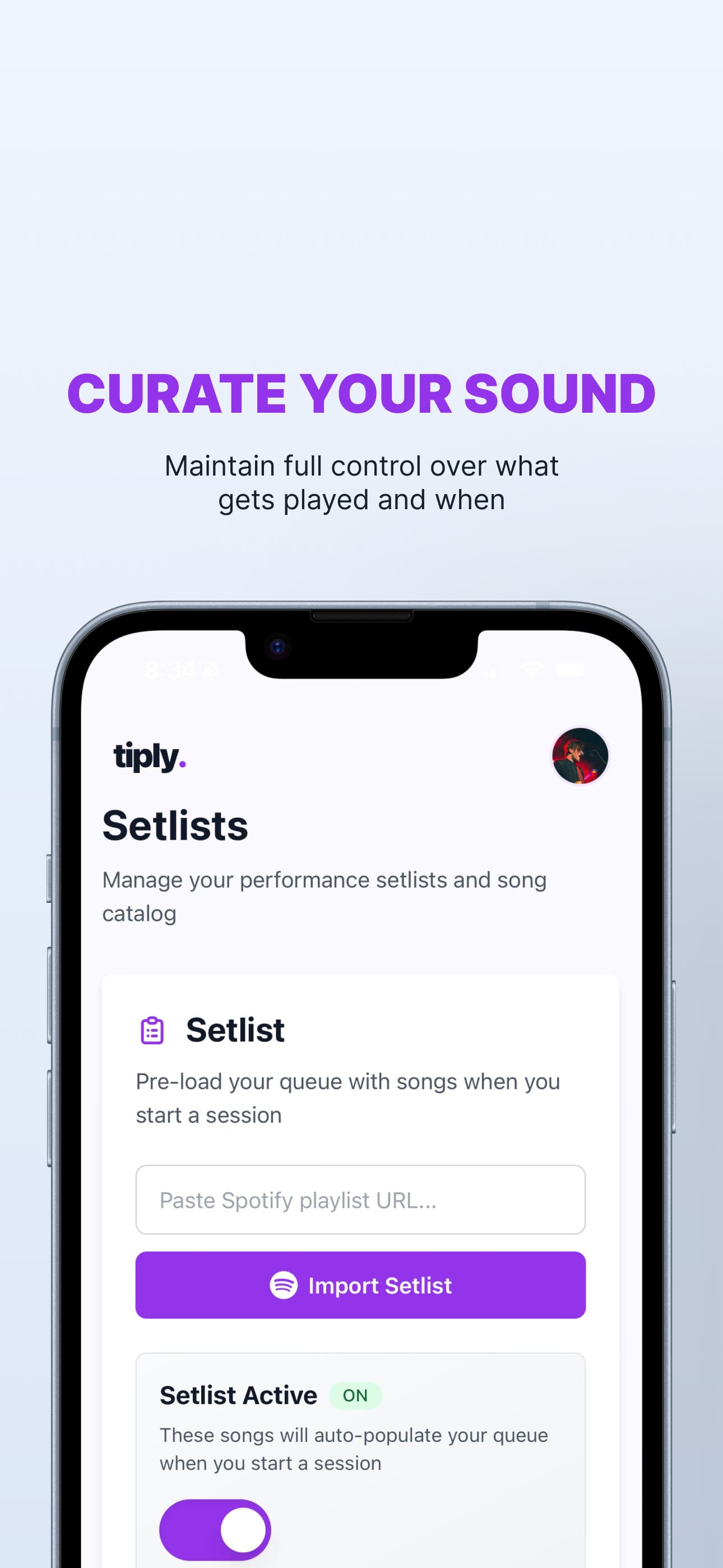 Tiply setlist feature on iOS — import a Spotify playlist to pre-load your queue before a gig