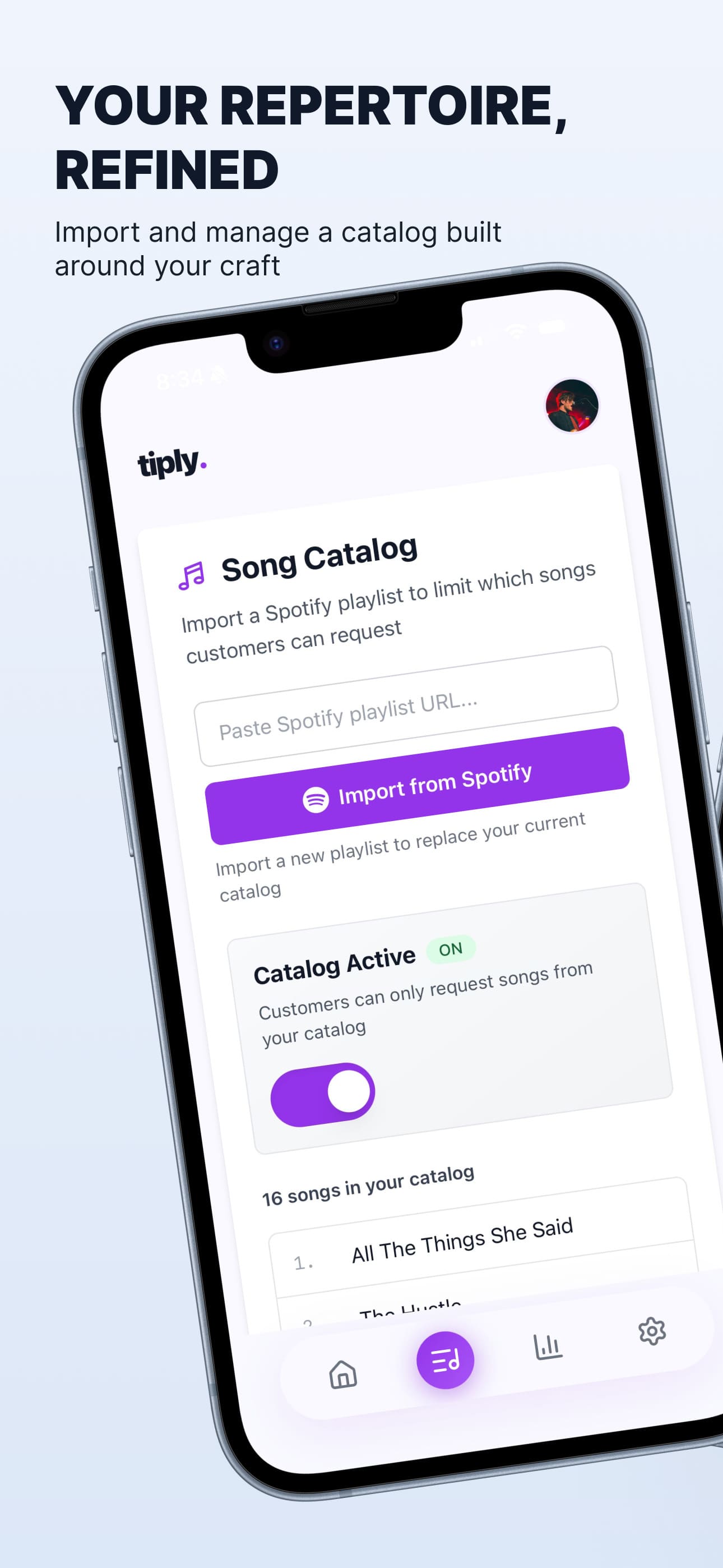 Tiply song catalog on iOS — control which songs fans can request from your repertoire